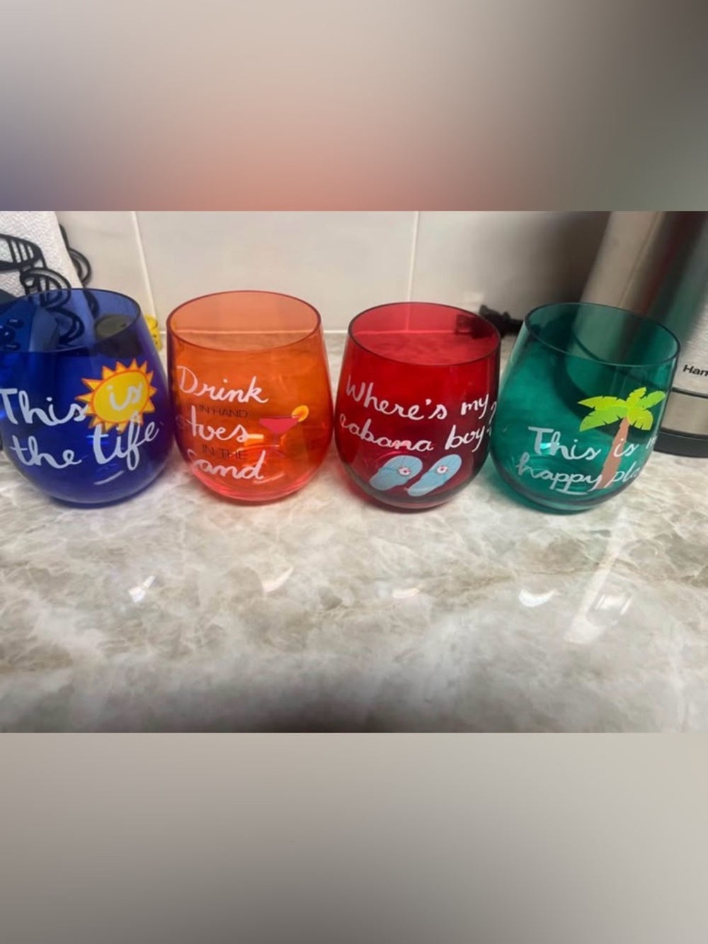 Colorful Tropical Stemless Wine Glass - Set of 4 (Blue, Orange, Red, Green)